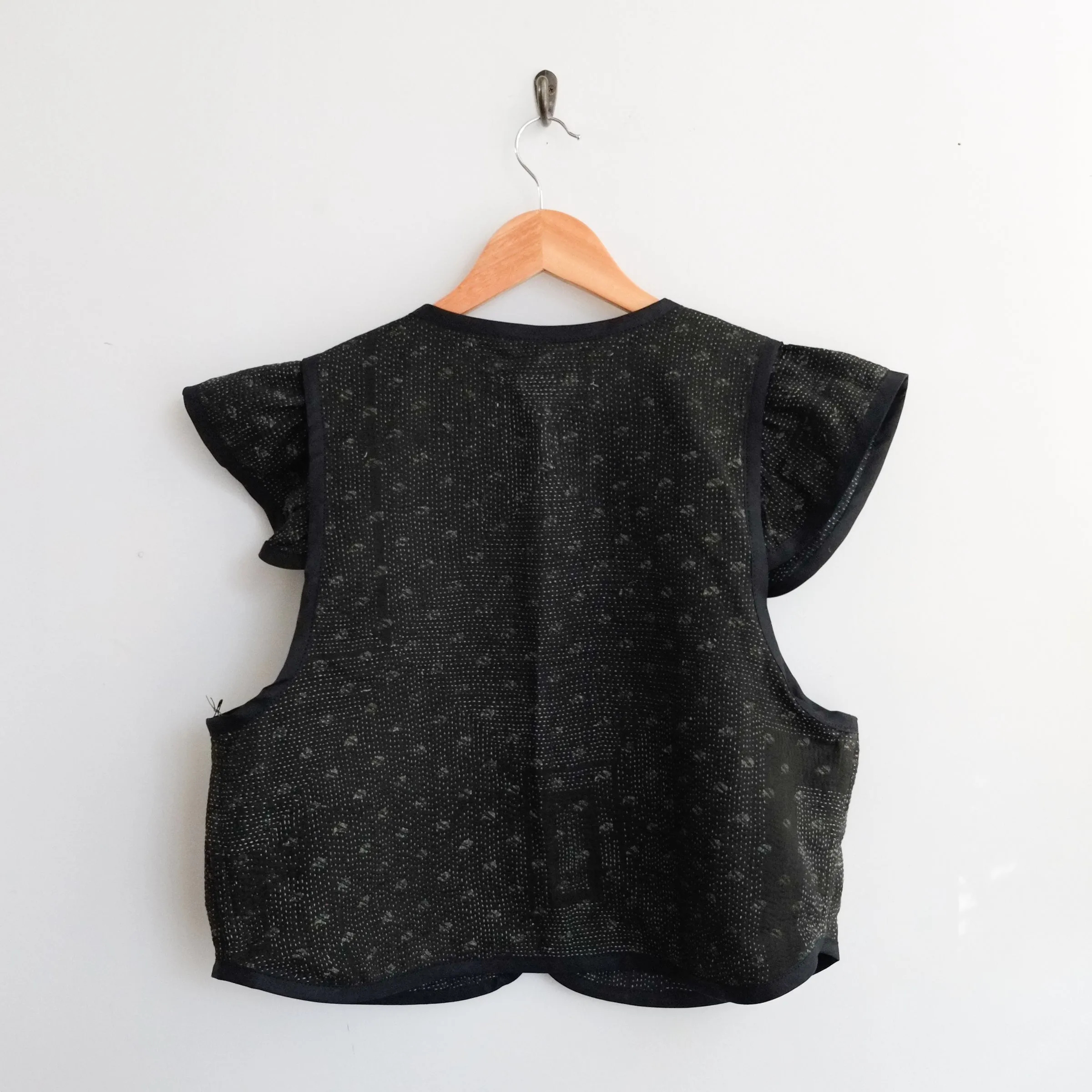 Amelia Flutter Sleeve Vest Black with Faint Paisley Pattern L098