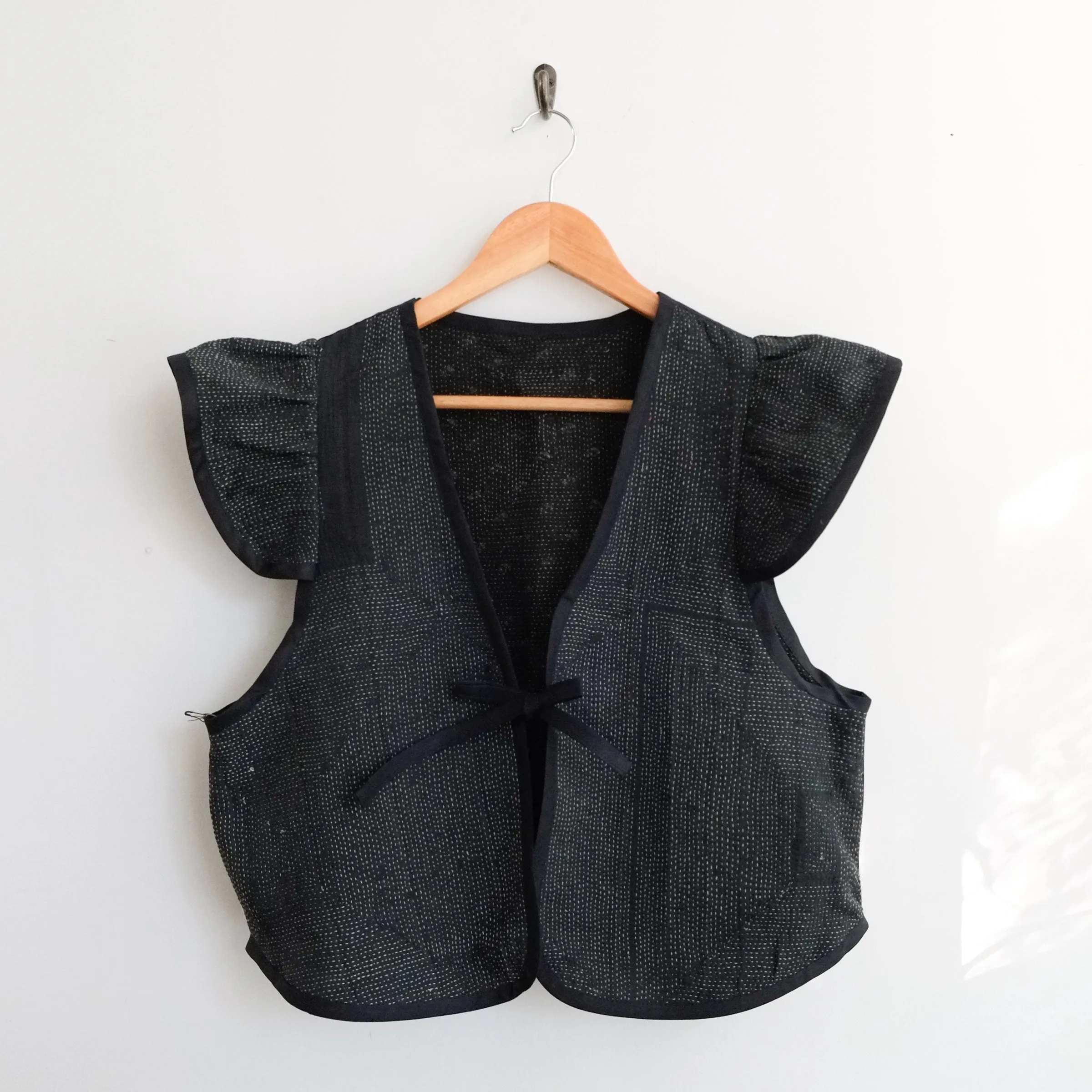 Amelia Flutter Sleeve Vest Black with Faint Paisley Pattern L098