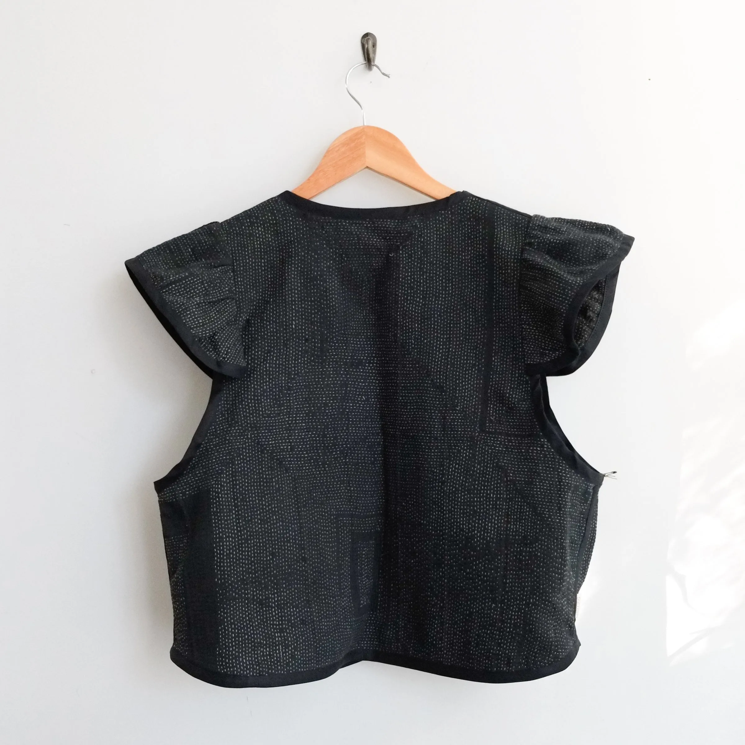 Amelia Flutter Sleeve Vest Black with Faint Paisley Pattern L098