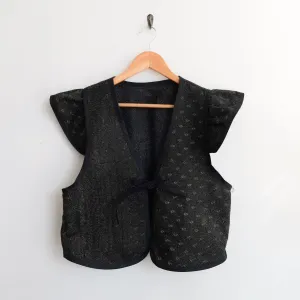 Amelia Flutter Sleeve Vest Black with Faint Paisley Pattern L098