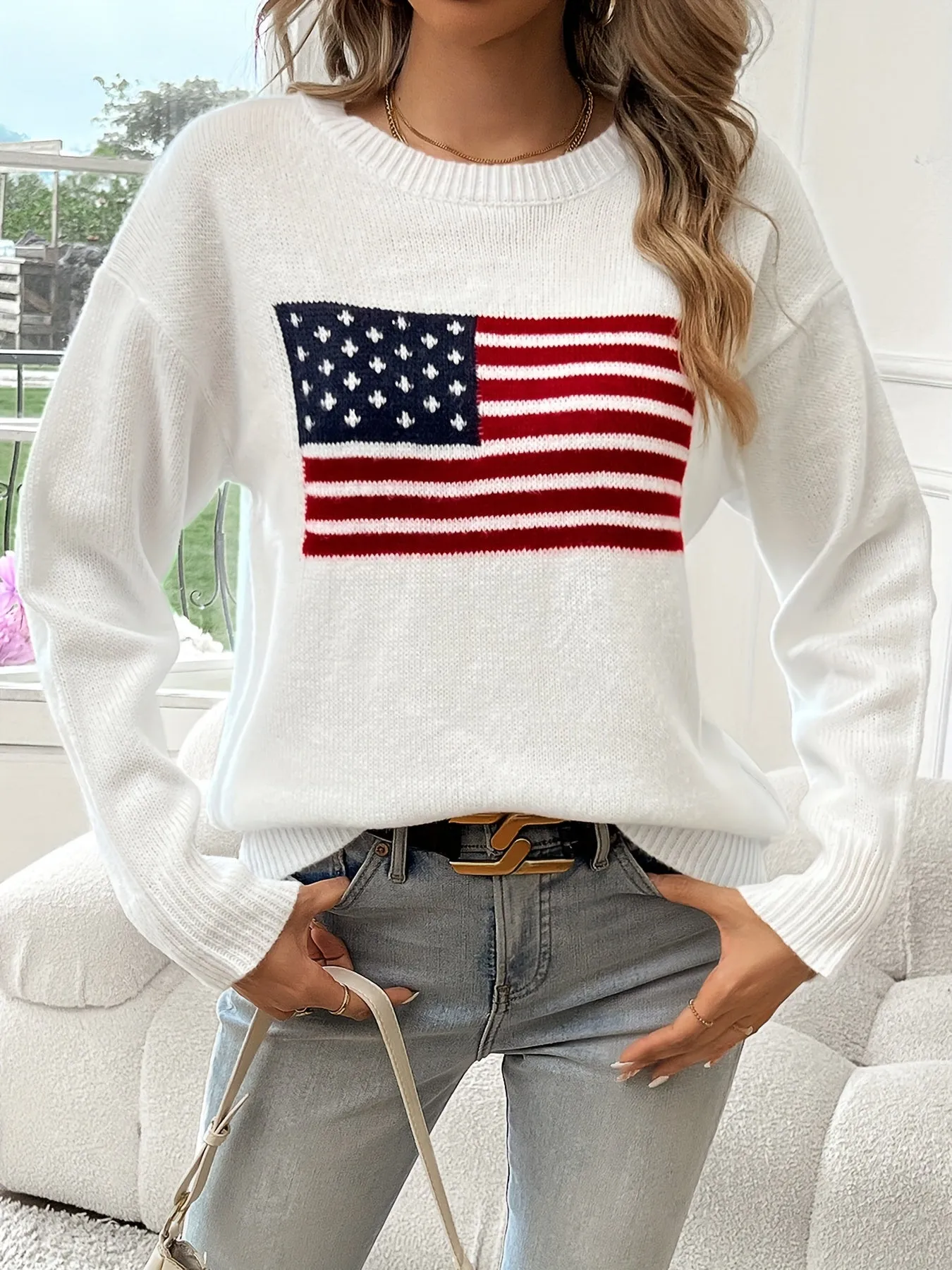 American Flag Pattern Crew Neck Long Sleeve Sweater - Soft Medium Stretch Acrylic Knit Fabric, Elegant Casual Style, Regular Fit, Hand Wash or Dry Clean, Perfect for Fall and Winter - Womens Clothing