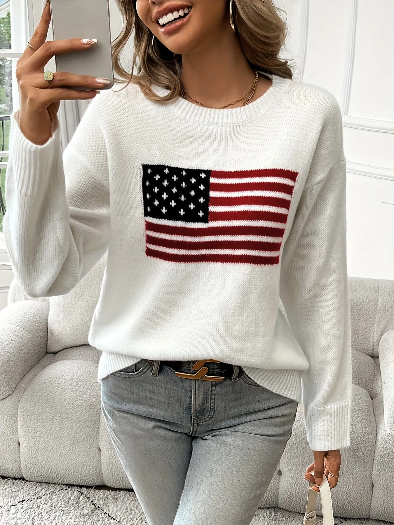 American Flag Pattern Crew Neck Long Sleeve Sweater - Soft Medium Stretch Acrylic Knit Fabric, Elegant Casual Style, Regular Fit, Hand Wash or Dry Clean, Perfect for Fall and Winter - Womens Clothing