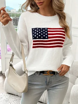 American Flag Pattern Crew Neck Long Sleeve Sweater - Soft Medium Stretch Acrylic Knit Fabric, Elegant Casual Style, Regular Fit, Hand Wash or Dry Clean, Perfect for Fall and Winter - Womens Clothing