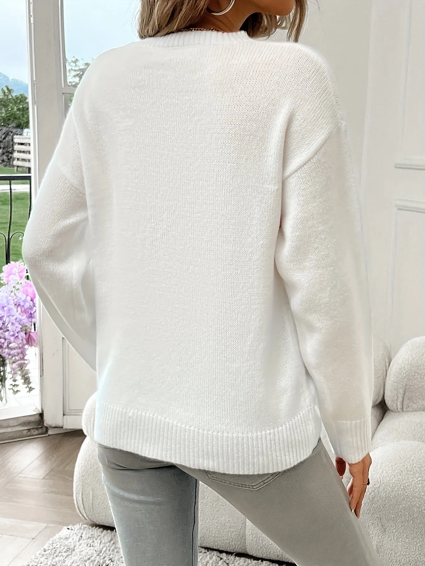 American Flag Pattern Crew Neck Long Sleeve Sweater - Soft Medium Stretch Acrylic Knit Fabric, Elegant Casual Style, Regular Fit, Hand Wash or Dry Clean, Perfect for Fall and Winter - Womens Clothing