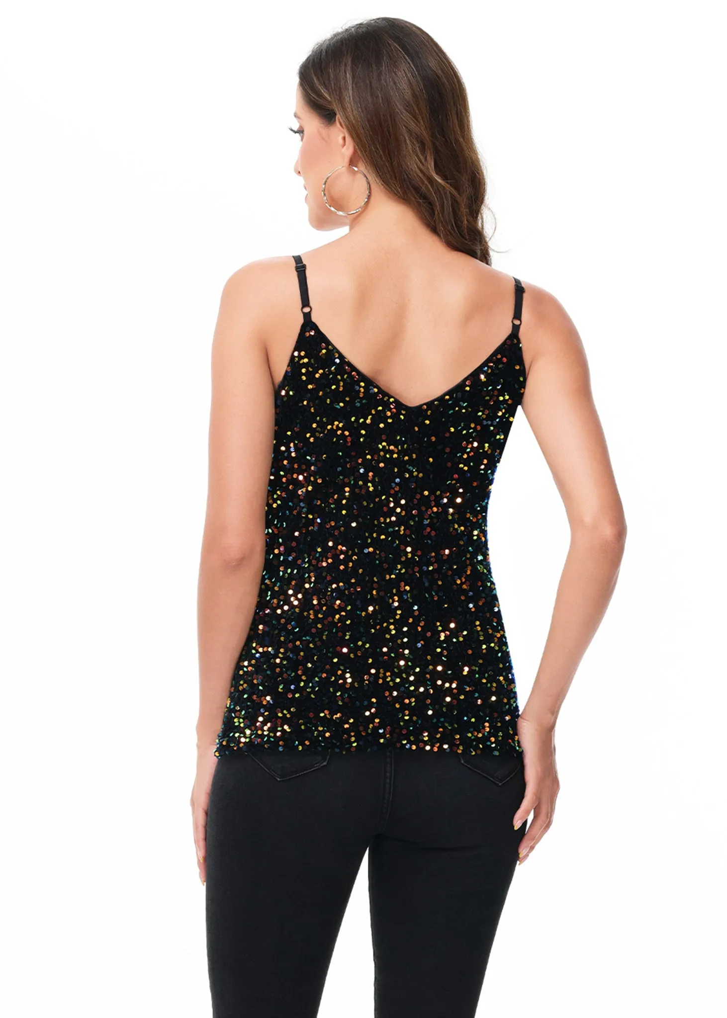 Anna-Kaci Womens Sleeveless Sequin Tops V Neck Sparkle Spaghetti Strap Cami Tank Top Shirt