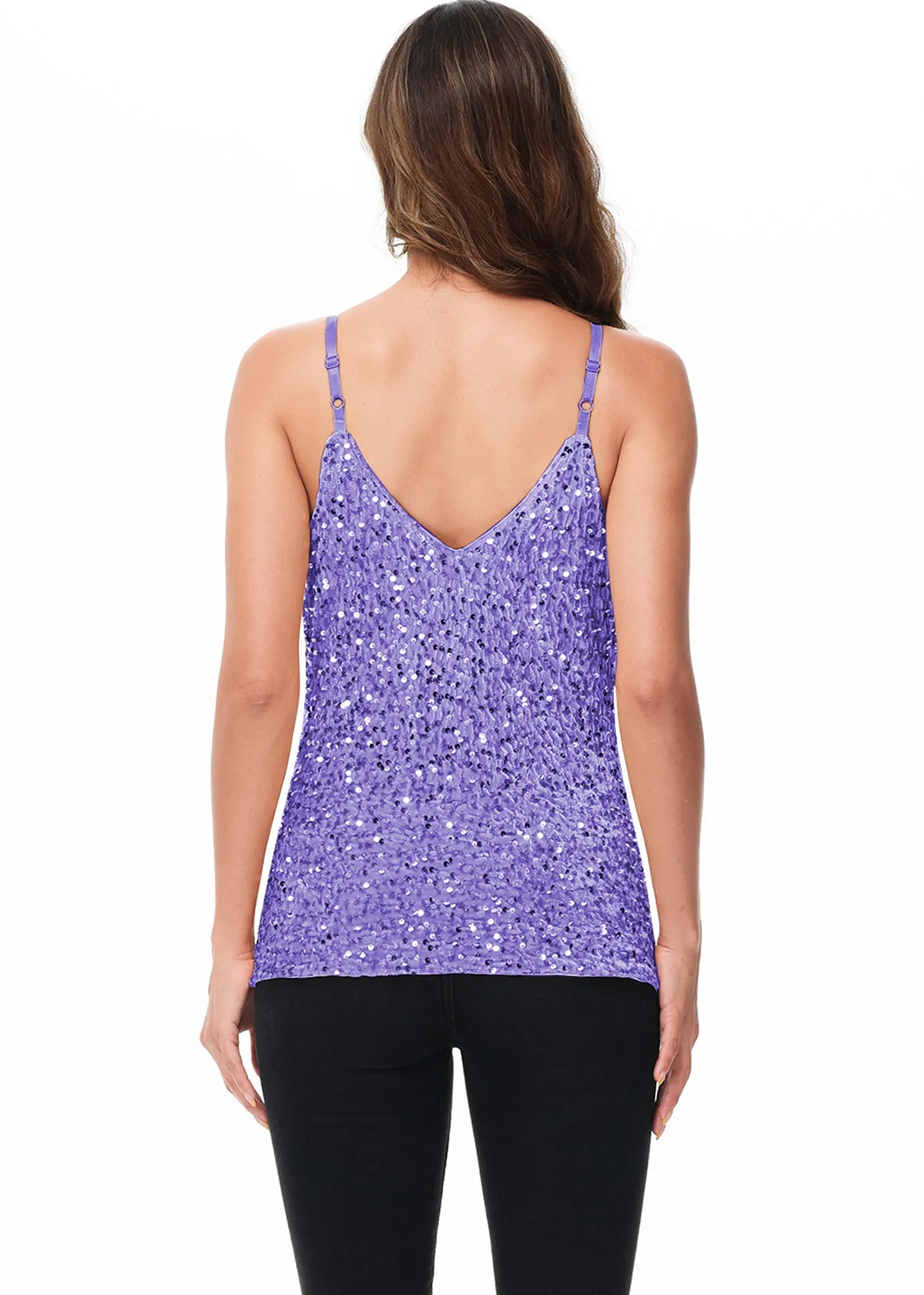 Anna-Kaci Womens Sleeveless Sequin Tops V Neck Sparkle Spaghetti Strap Cami Tank Top Shirt