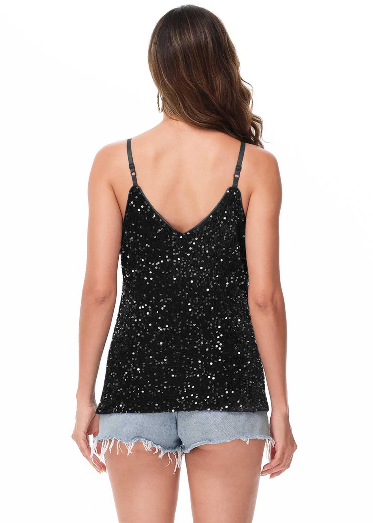 Anna-Kaci Womens Sleeveless Sequin Tops V Neck Sparkle Spaghetti Strap Cami Tank Top Shirt