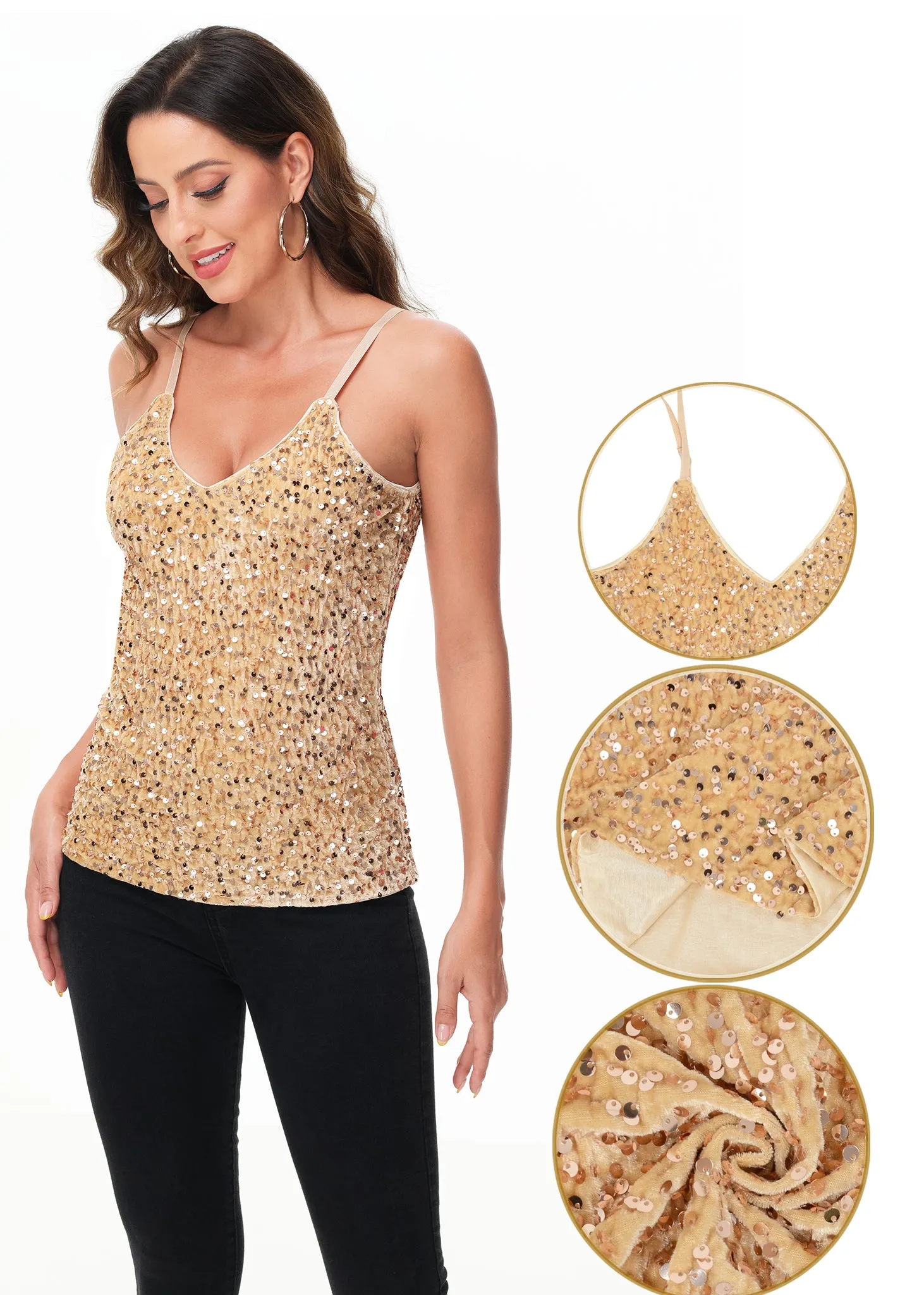 Anna-Kaci Womens Sleeveless Sequin Tops V Neck Sparkle Spaghetti Strap Cami Tank Top Shirt