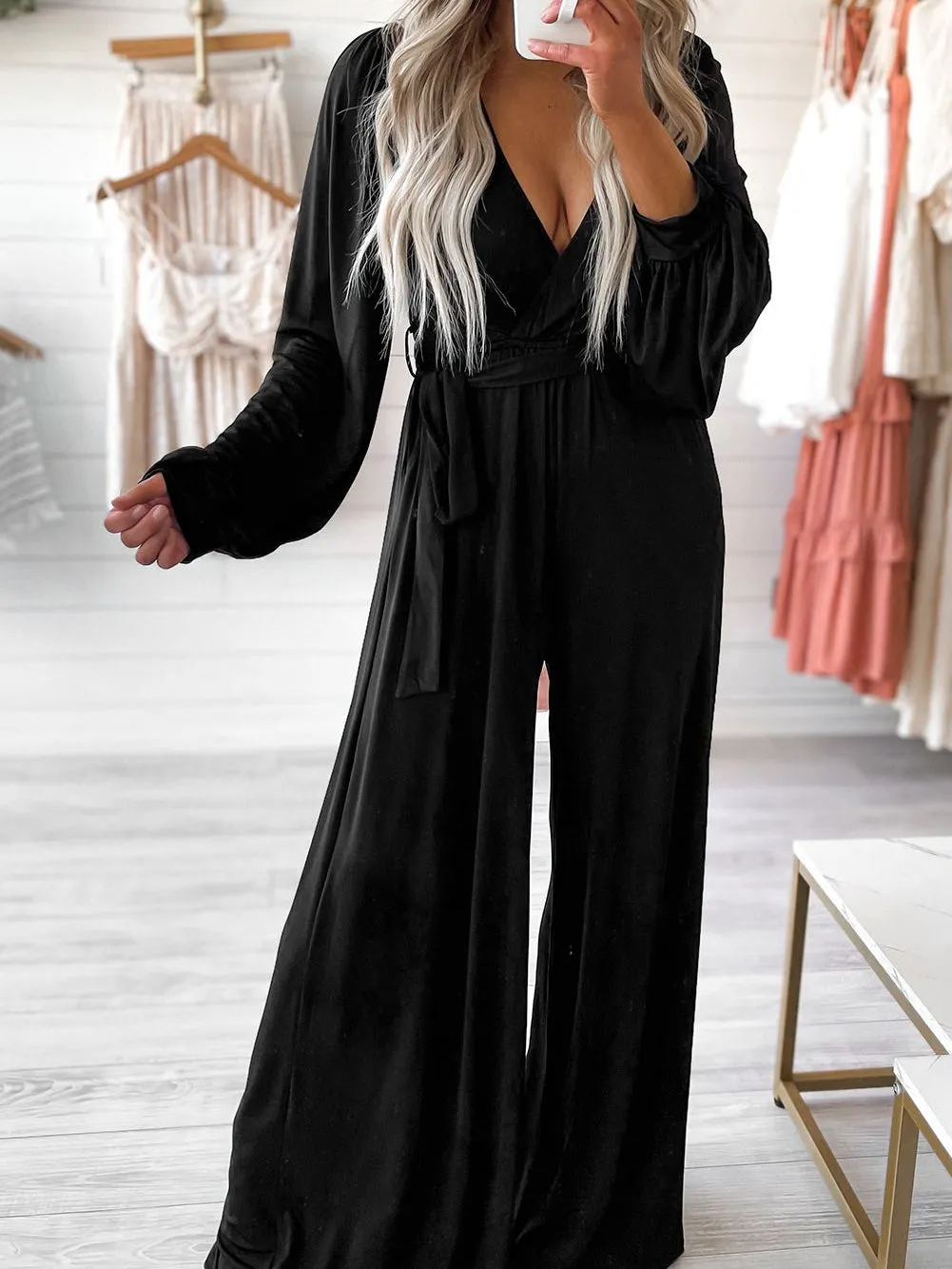 Black Long Sleeve V-Neck Wide Leg Jumpsuit