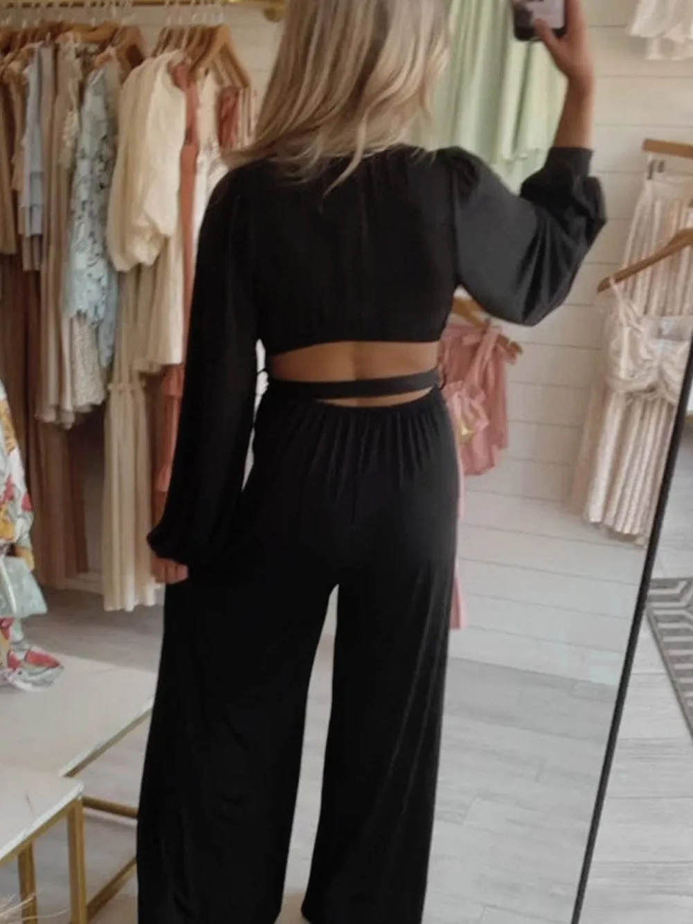 Black Long Sleeve V-Neck Wide Leg Jumpsuit
