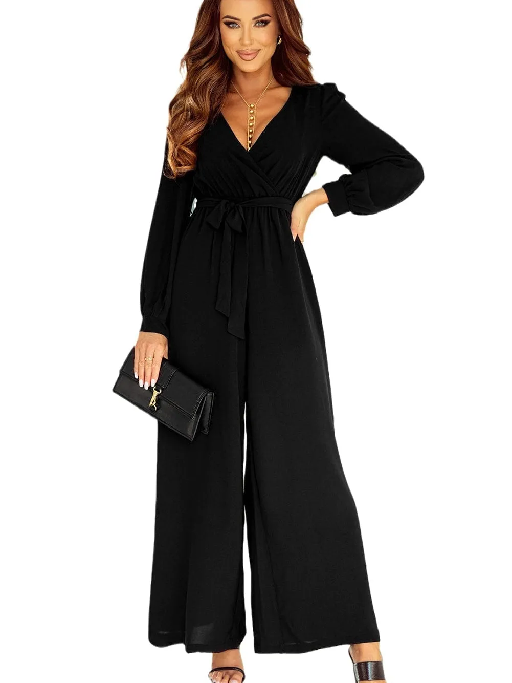 Black Long Sleeve V-Neck Wide Leg Jumpsuit