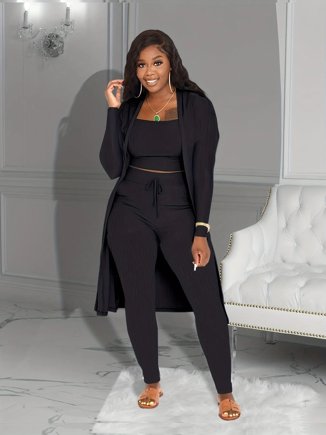 Black Long Sleeve V-Neck Wide Leg Jumpsuit