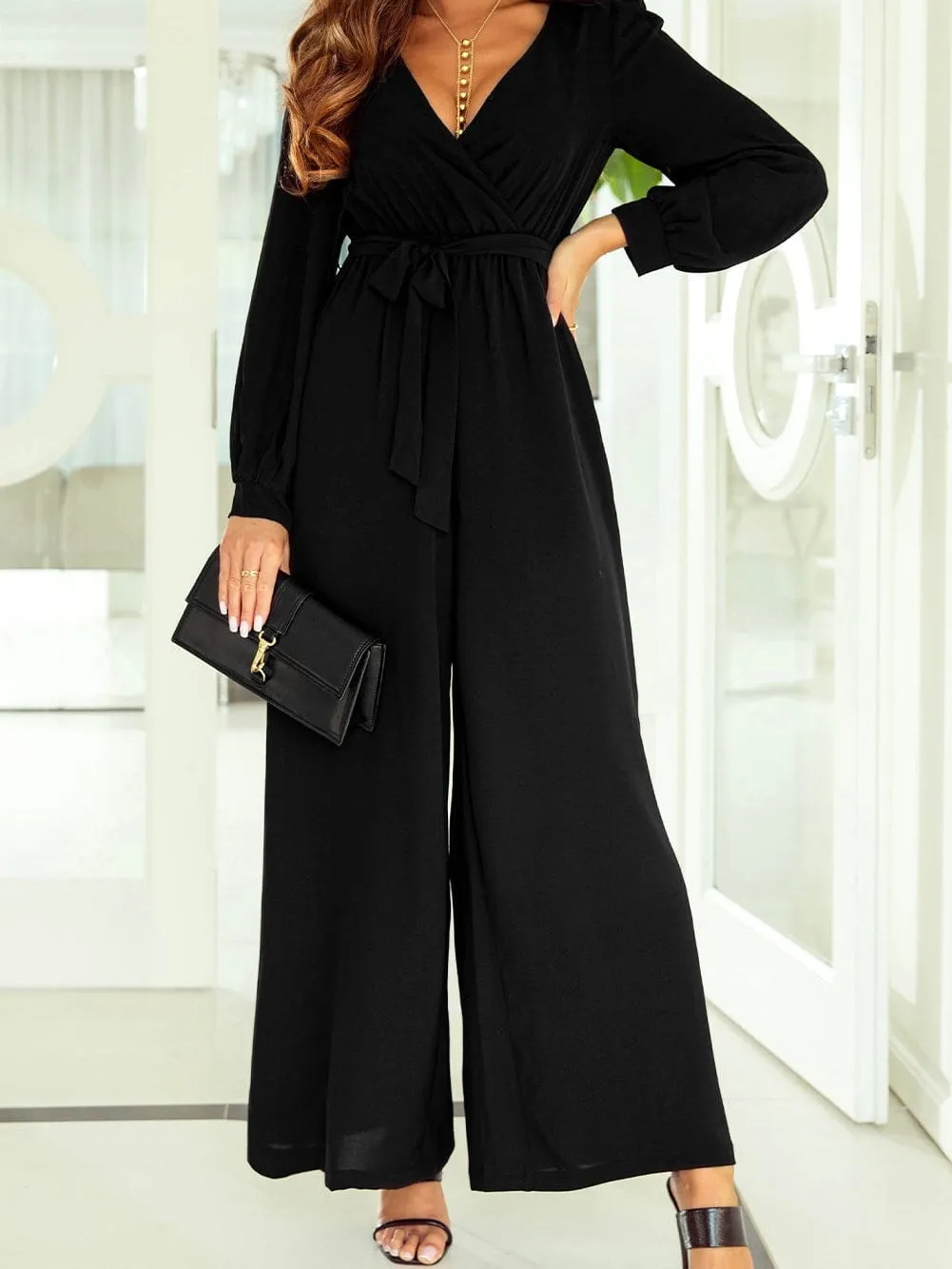 Black Long Sleeve V-Neck Wide Leg Jumpsuit