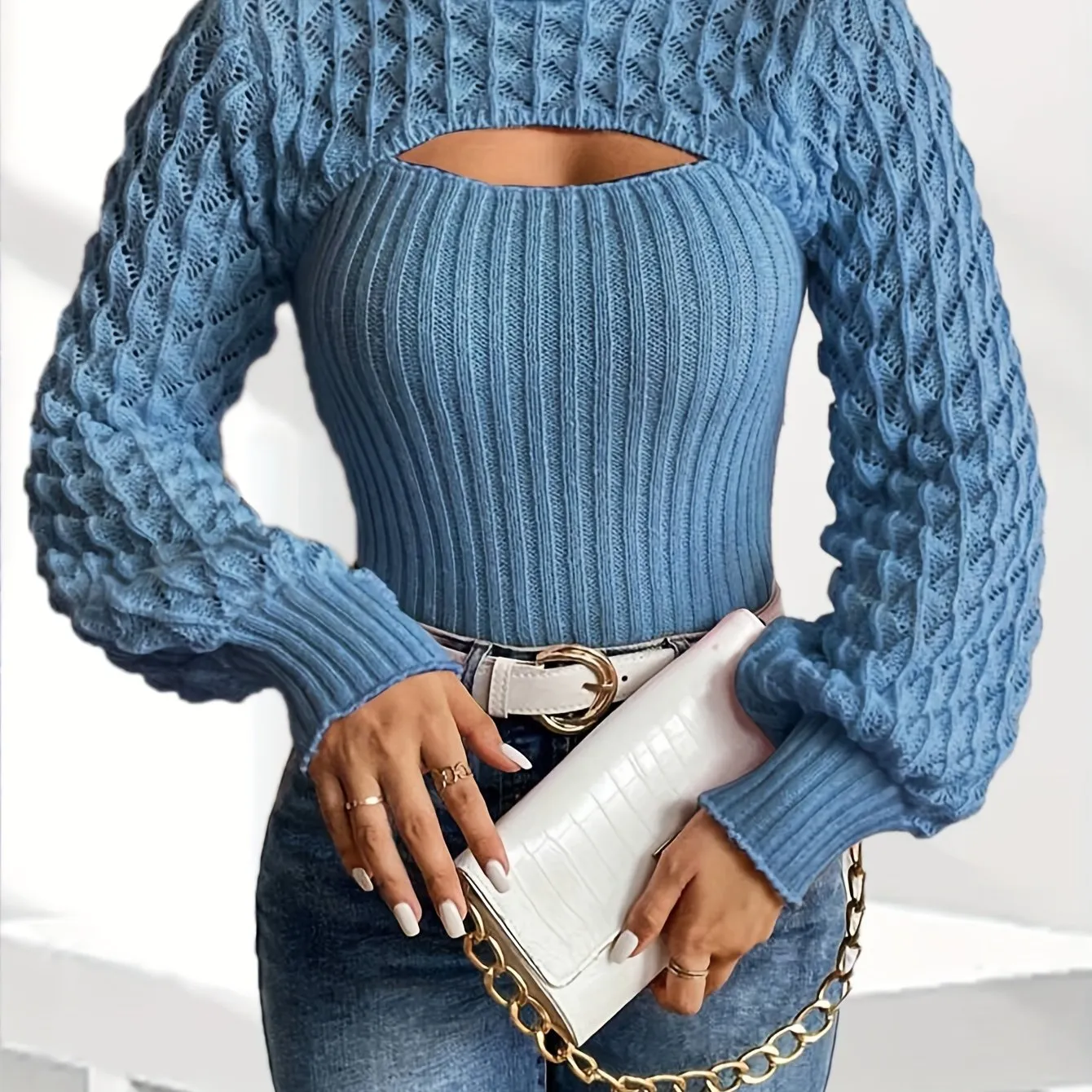 Chic Solid Color Turtleneck Sweater with Lantern Sleeves - Casual Cut-Out Design, Soft Acrylic Knit Pullover for Women