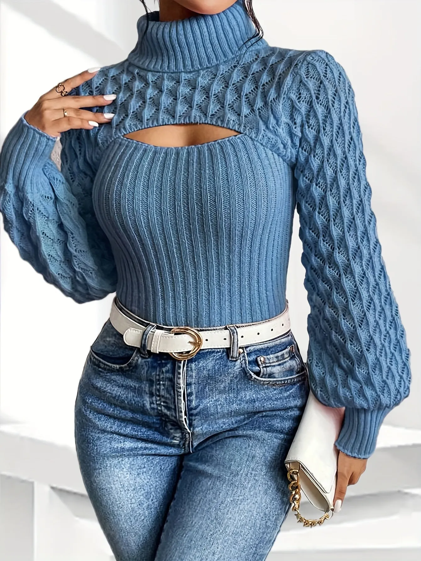 Chic Solid Color Turtleneck Sweater with Lantern Sleeves - Casual Cut-Out Design, Soft Acrylic Knit Pullover for Women