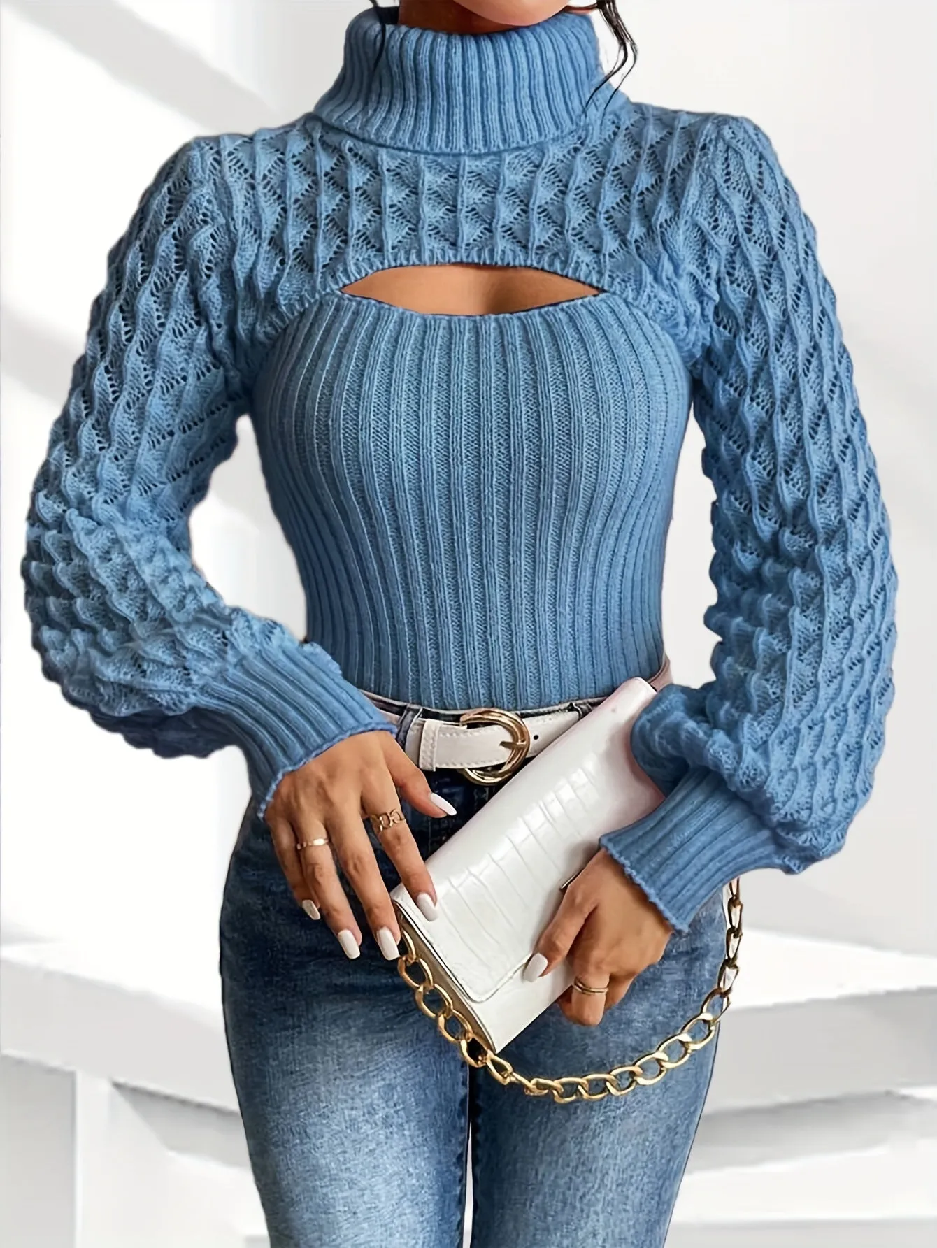 Chic Solid Color Turtleneck Sweater with Lantern Sleeves - Casual Cut-Out Design, Soft Acrylic Knit Pullover for Women