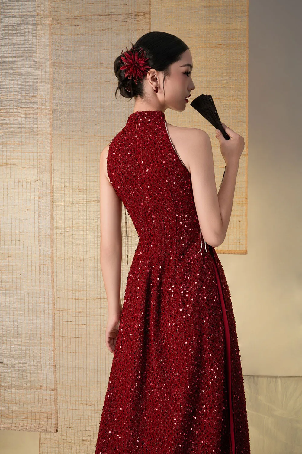 Chu Sa A-line Sleeveless Sequin Floor Length Ao Dai