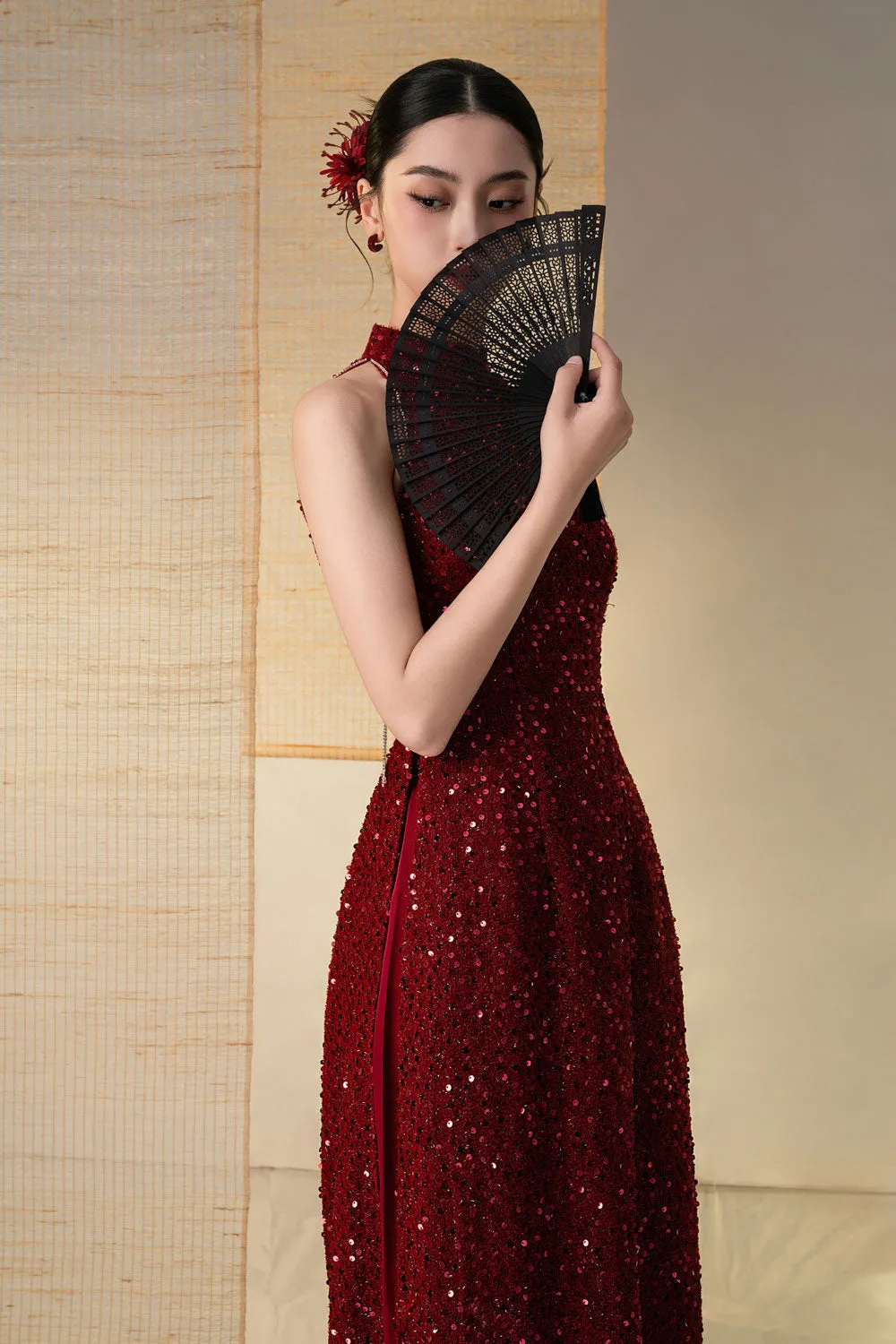 Chu Sa A-line Sleeveless Sequin Floor Length Ao Dai