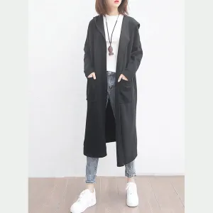 fine black woolen outwear oversized big pockets long coats hooded jackets