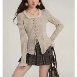 Girlary Elegant Knitted Pullover Women Korean Style Sexy Lace Up Sweaters Y2k Long Sleeve Solid Slim Up Aesthetics Pullovers
