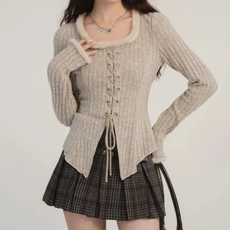 Girlary Elegant Knitted Pullover Women Korean Style Sexy Lace Up Sweaters Y2k Long Sleeve Solid Slim Up Aesthetics Pullovers