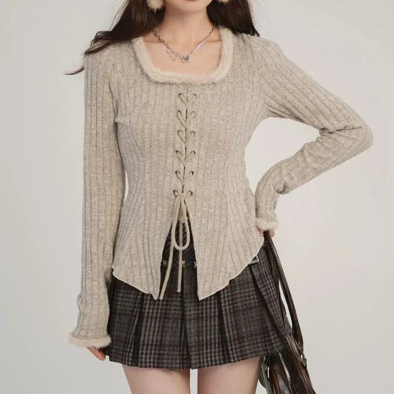 Girlary Elegant Knitted Pullover Women Korean Style Sexy Lace Up Sweaters Y2k Long Sleeve Solid Slim Up Aesthetics Pullovers