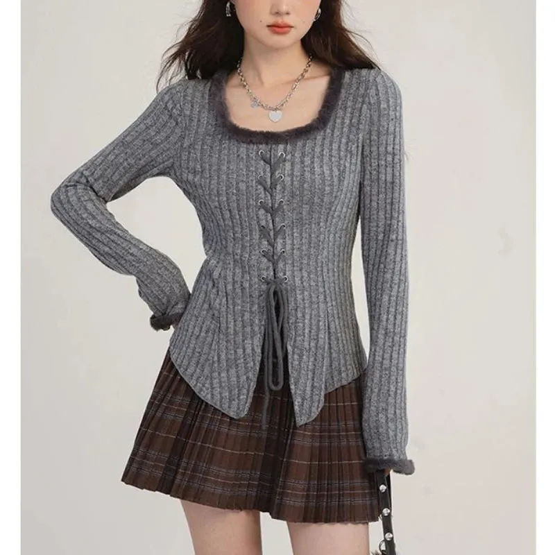 Girlary Elegant Knitted Pullover Women Korean Style Sexy Lace Up Sweaters Y2k Long Sleeve Solid Slim Up Aesthetics Pullovers