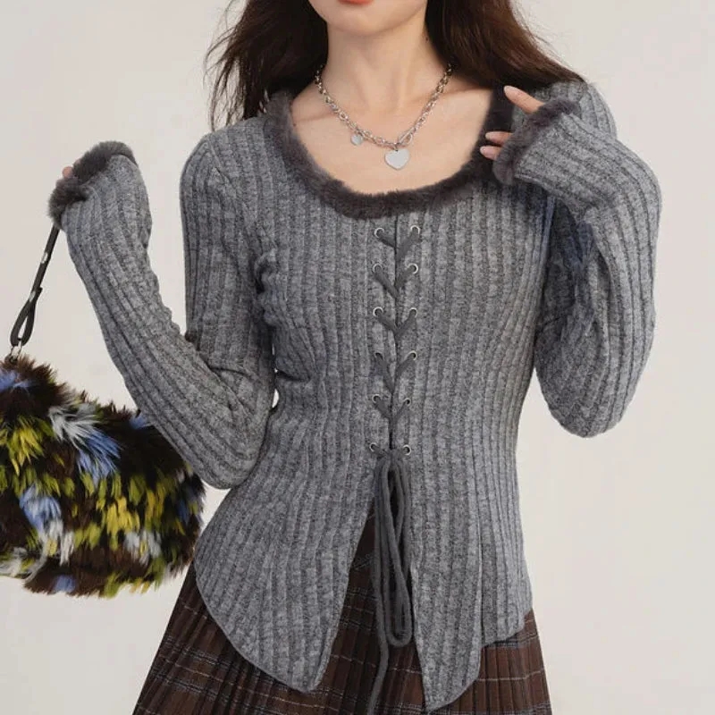 Girlary Elegant Knitted Pullover Women Korean Style Sexy Lace Up Sweaters Y2k Long Sleeve Solid Slim Up Aesthetics Pullovers