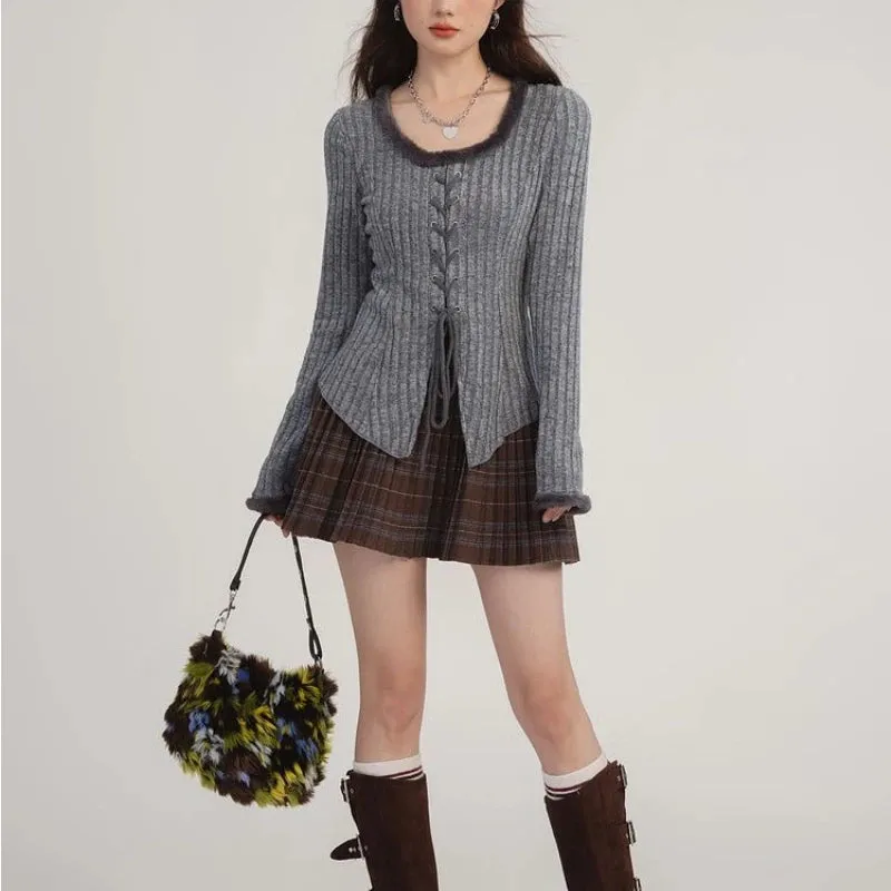Girlary Elegant Knitted Pullover Women Korean Style Sexy Lace Up Sweaters Y2k Long Sleeve Solid Slim Up Aesthetics Pullovers