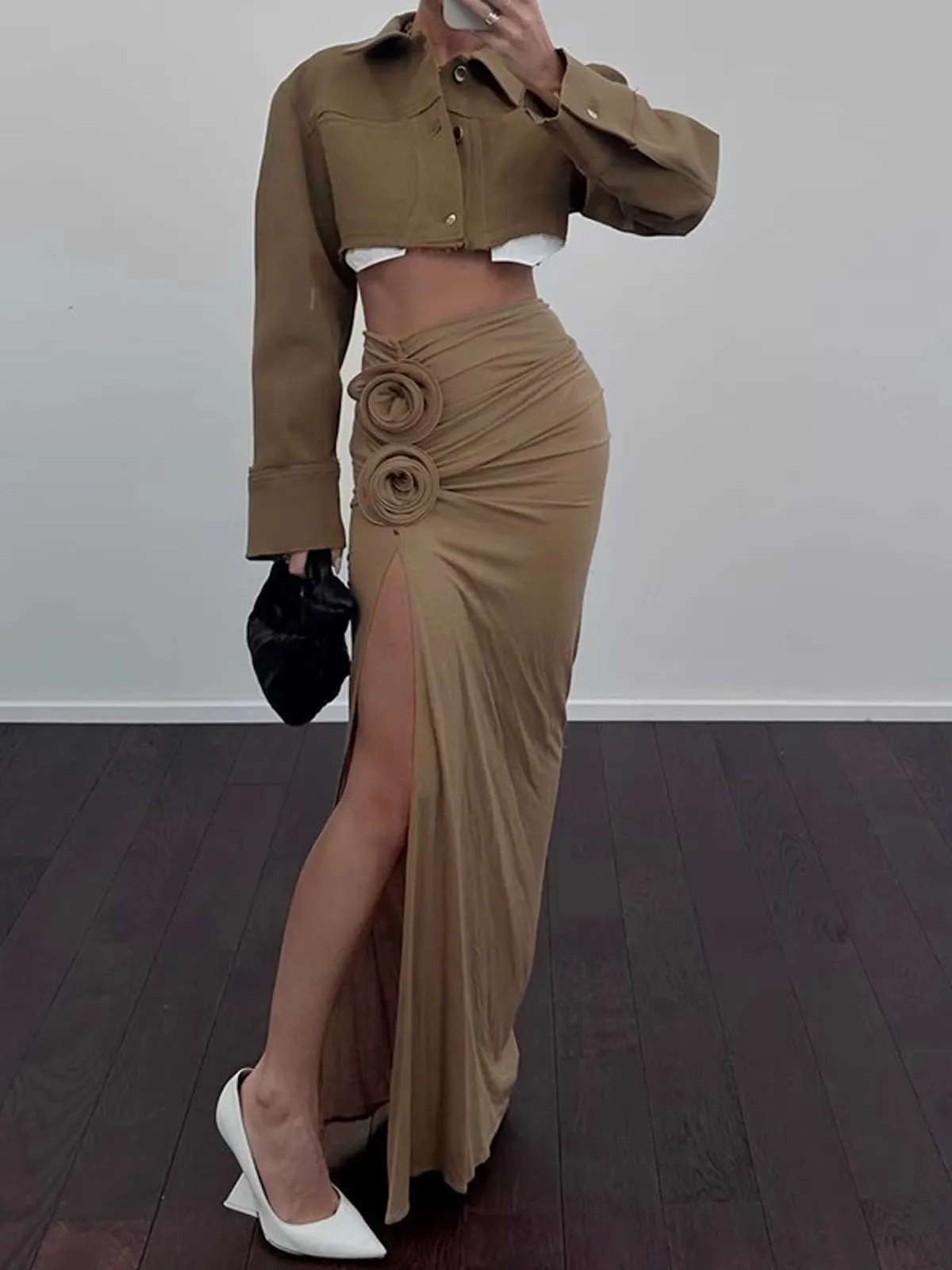 High Waist Floral Trendy Draped Split Maxi Skirt