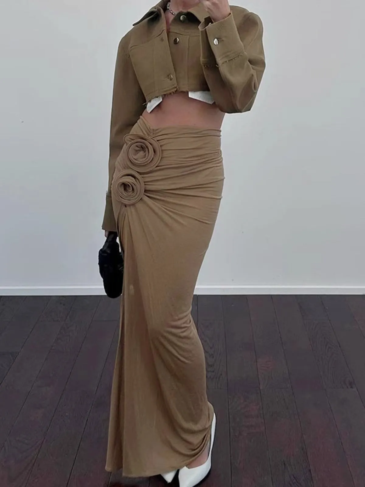 High Waist Floral Trendy Draped Split Maxi Skirt