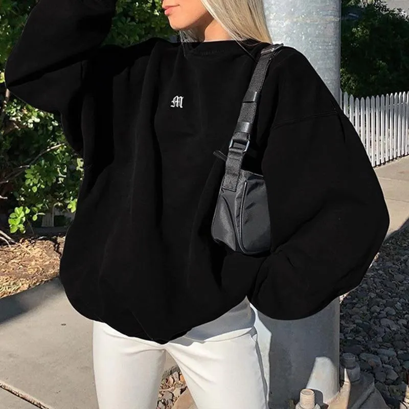 Letter Embroidery Women's Sweatshirt Black Long Sleeve Loose Large
