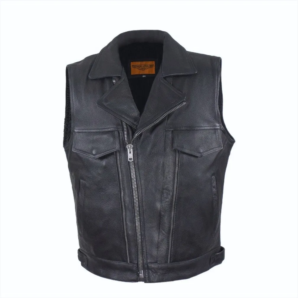 Mens Naked Leather Motorcycle Vest With Two Deep Gun Pockets Lapel Collar