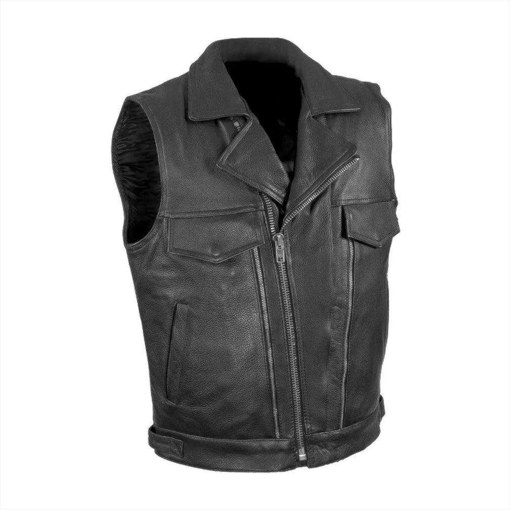 Mens Naked Leather Motorcycle Vest With Two Deep Gun Pockets Lapel Collar