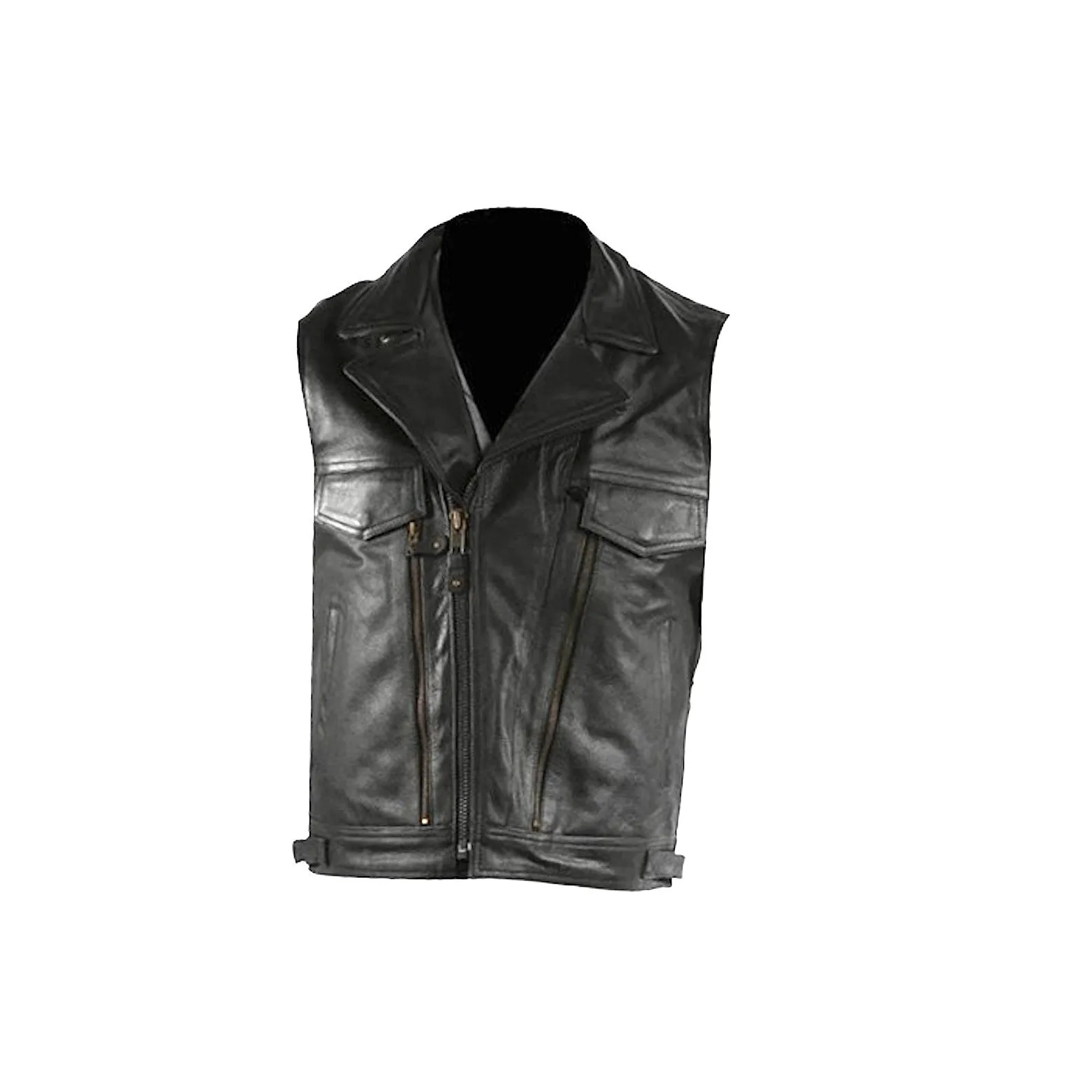 Mens Naked Leather Motorcycle Vest With Two Deep Gun Pockets Lapel Collar