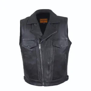 Mens Naked Leather Motorcycle Vest With Two Deep Gun Pockets Lapel Collar