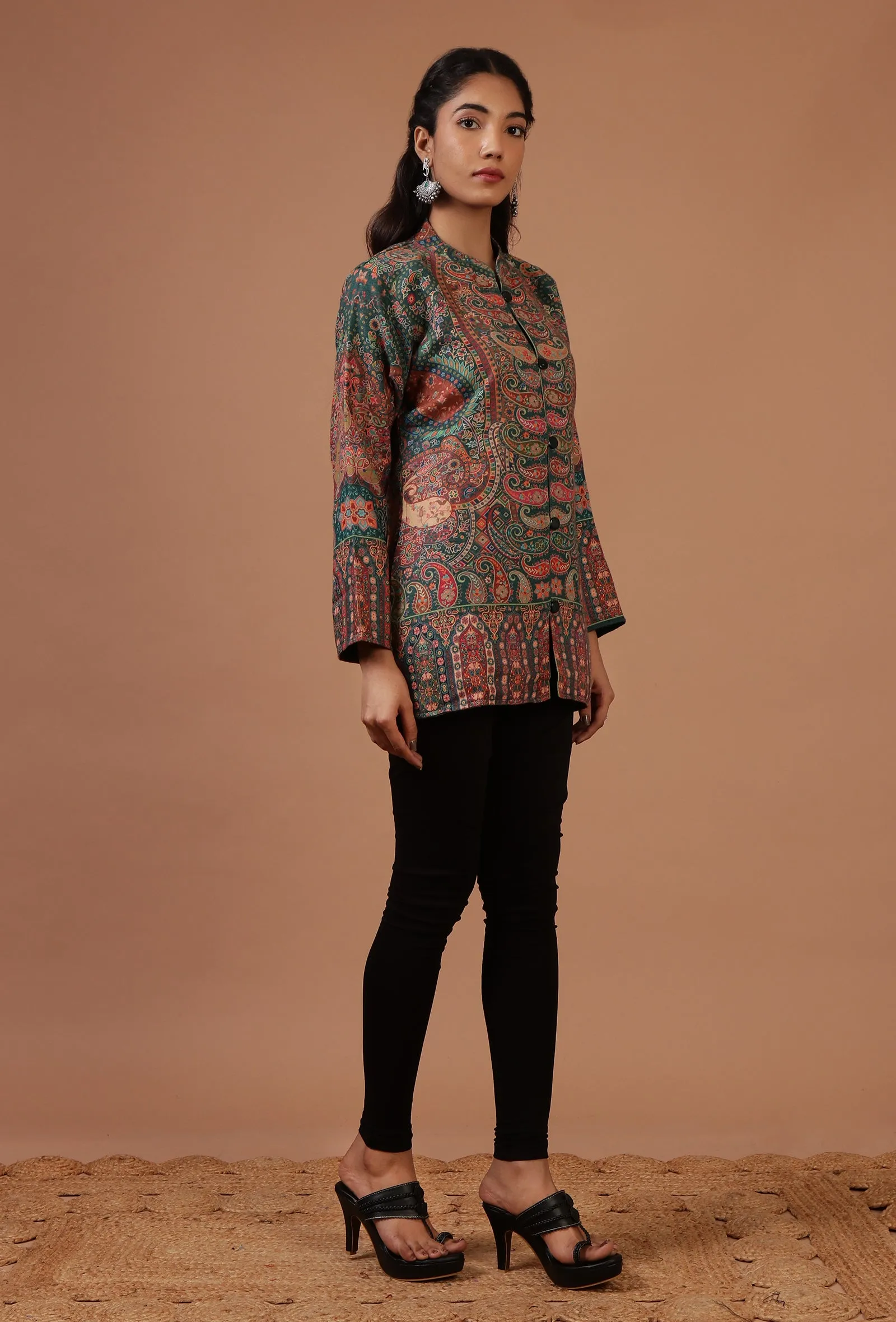 Mineral Green & Multicolor Kani Embroidered Short Jacket