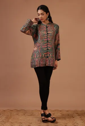 Mineral Green & Multicolor Kani Embroidered Short Jacket