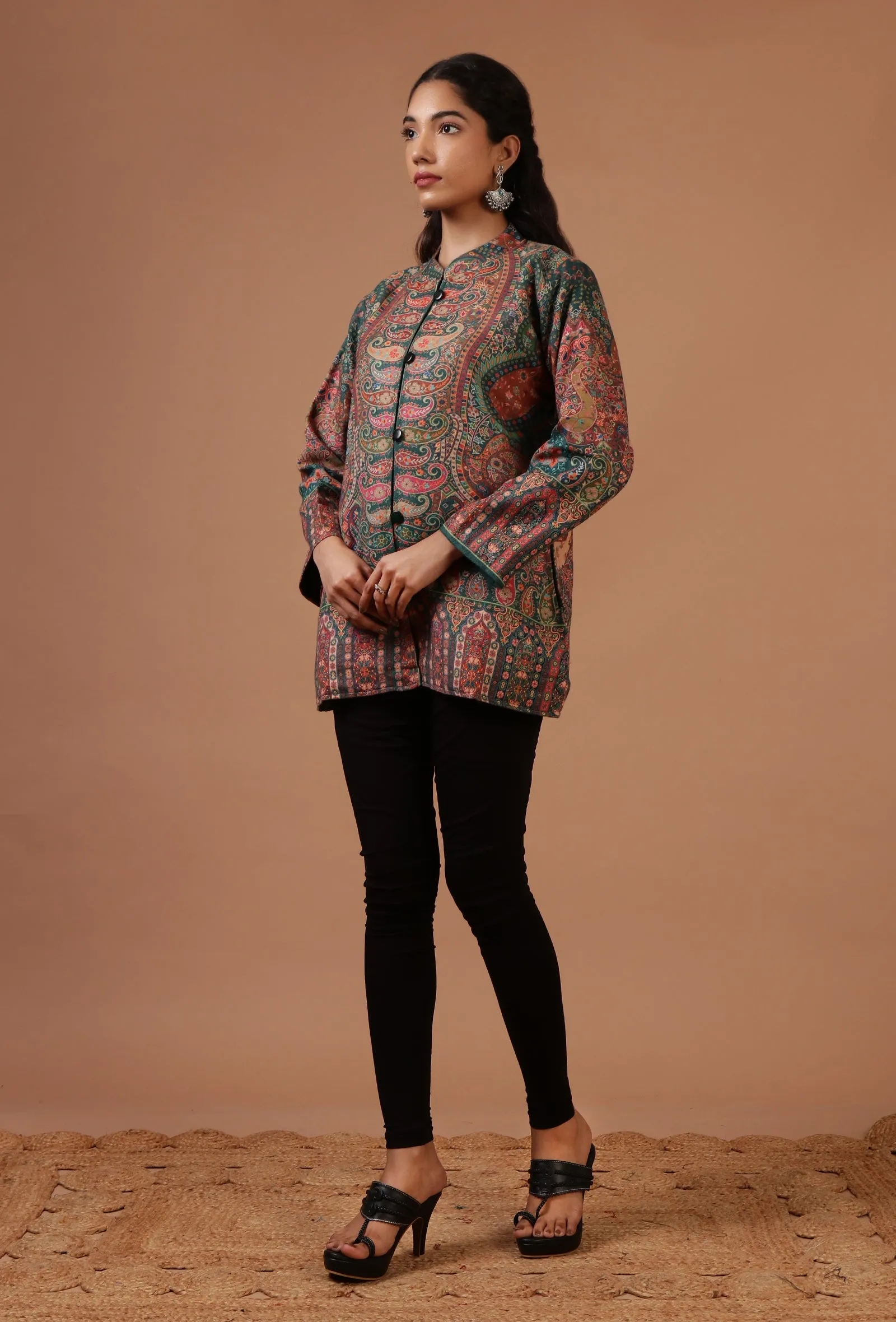 Mineral Green & Multicolor Kani Embroidered Short Jacket