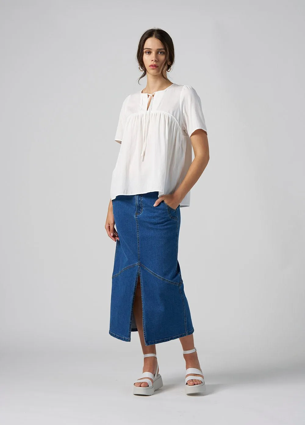 Moto Midi Denim Skirt