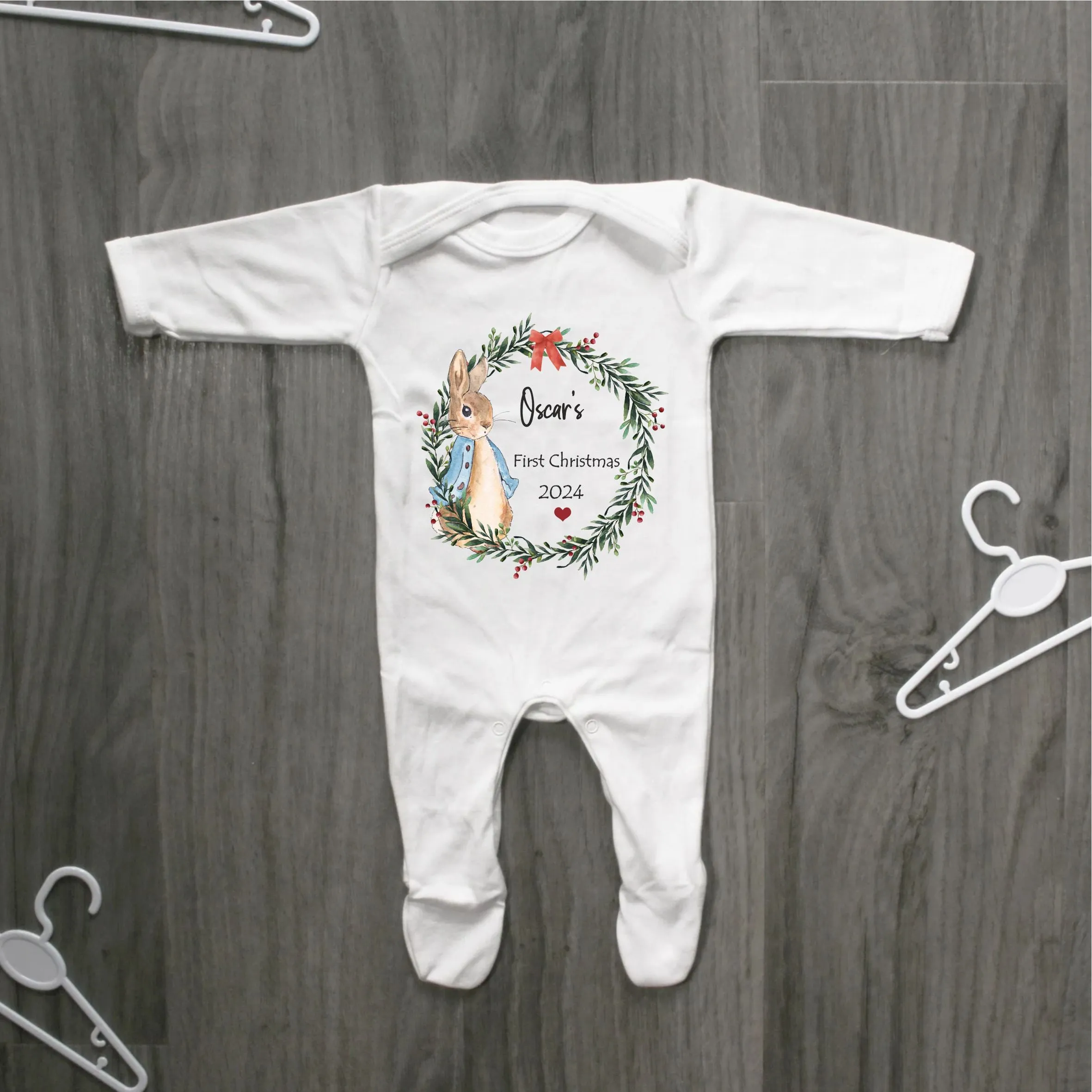 Personalised Peter Rabbit 1st Christmas Baby Outfit - Baby Sleepsuit or Vest - My First Christmas