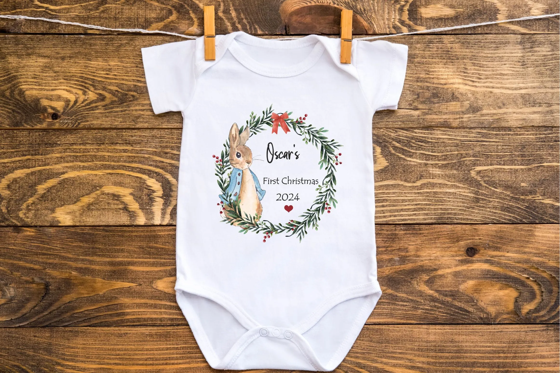 Personalised Peter Rabbit 1st Christmas Baby Outfit - Baby Sleepsuit or Vest - My First Christmas