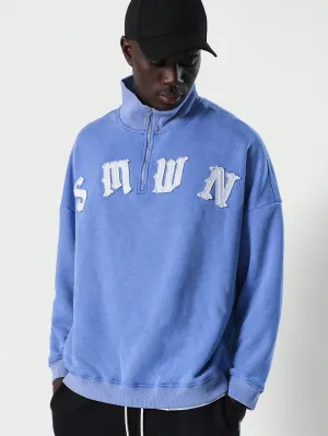 Premium Heavyweight Washed Funnel Neck Half Zip Sweatshirt With Contrast Applique Letter Print