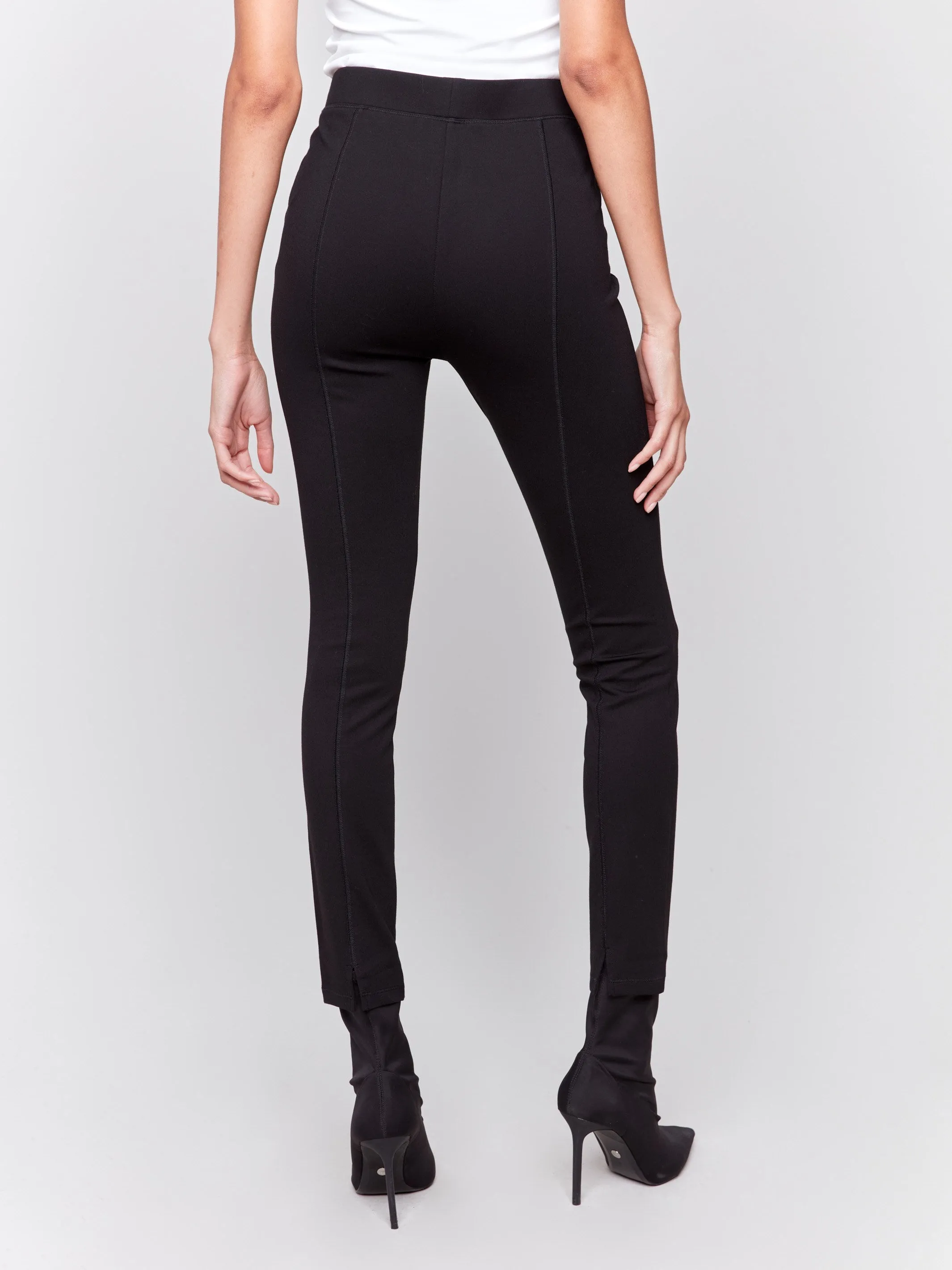Pull-On Ponte Pants With Slit Detail - Black