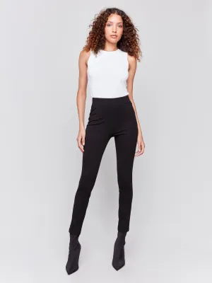Pull-On Ponte Pants With Slit Detail - Black