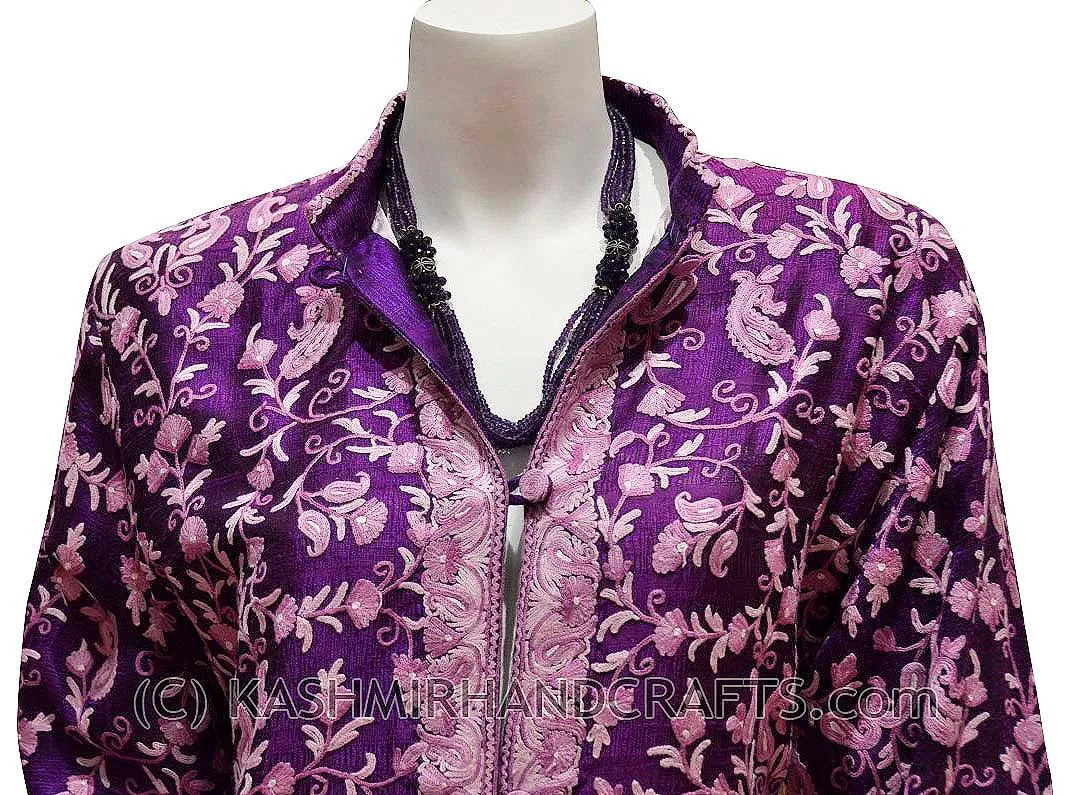 Purple Silk Jacket Dinner Paisley Evening Dress Coat Hand Embroidered Kashmir