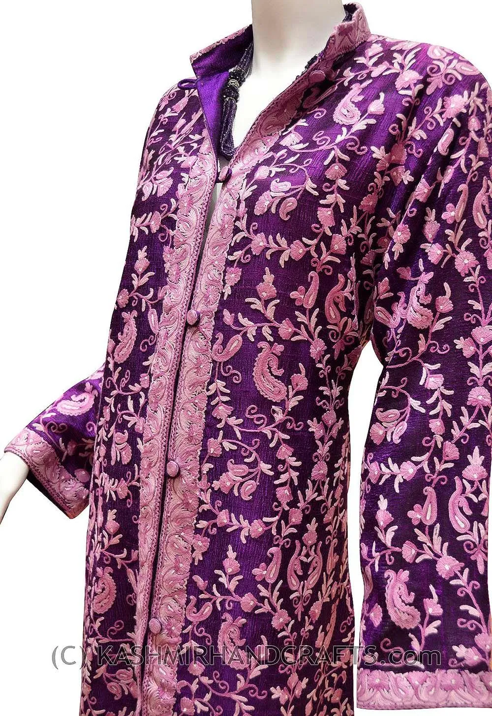 Purple Silk Jacket Dinner Paisley Evening Dress Coat Hand Embroidered Kashmir