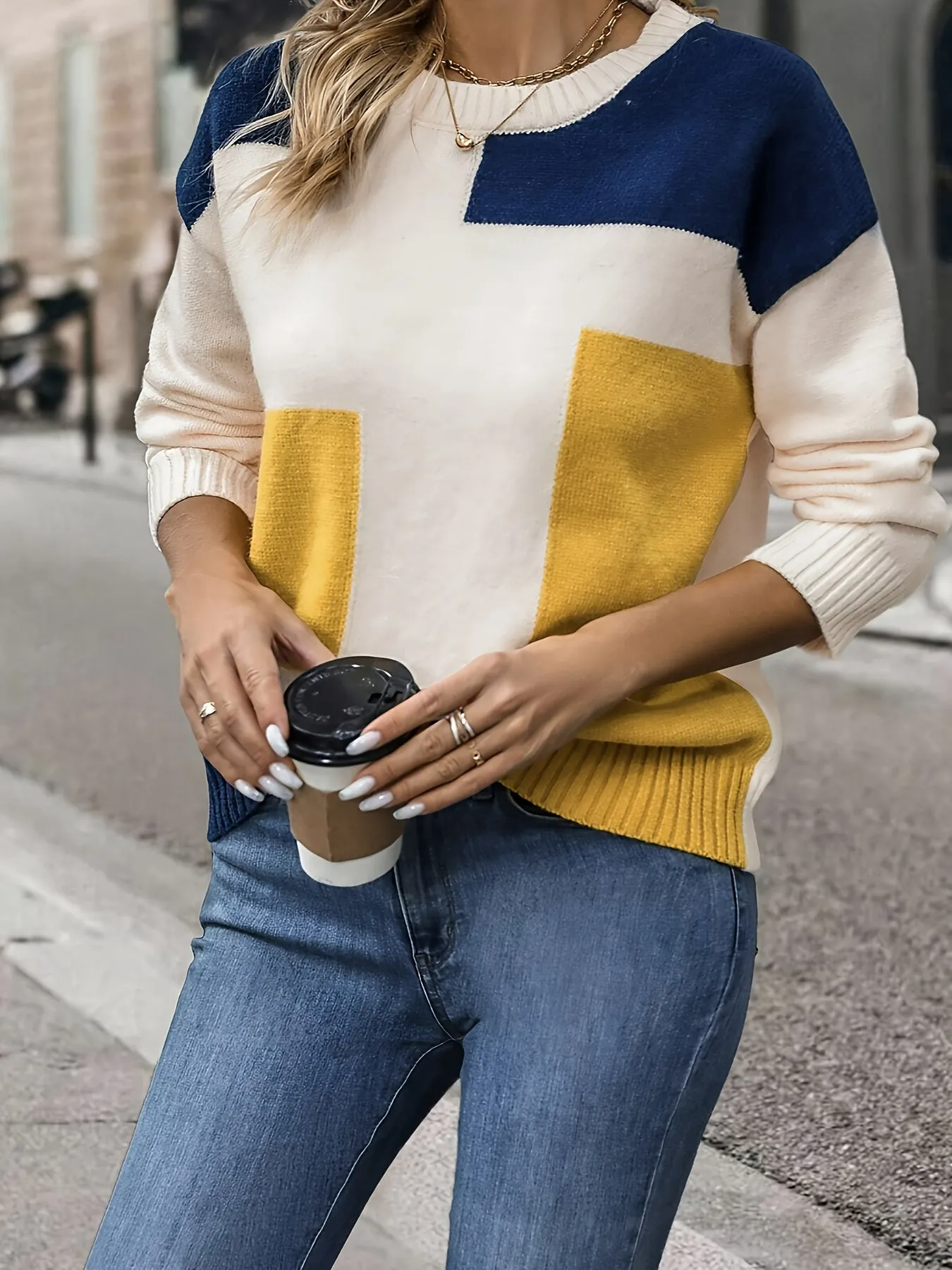 Stylish Color Block Crew Neck Pullover Sweater - Soft, Long Sleeve, Knitted, Casual, Fall & Spring Essential - Women's Clothing for Everyday Wear