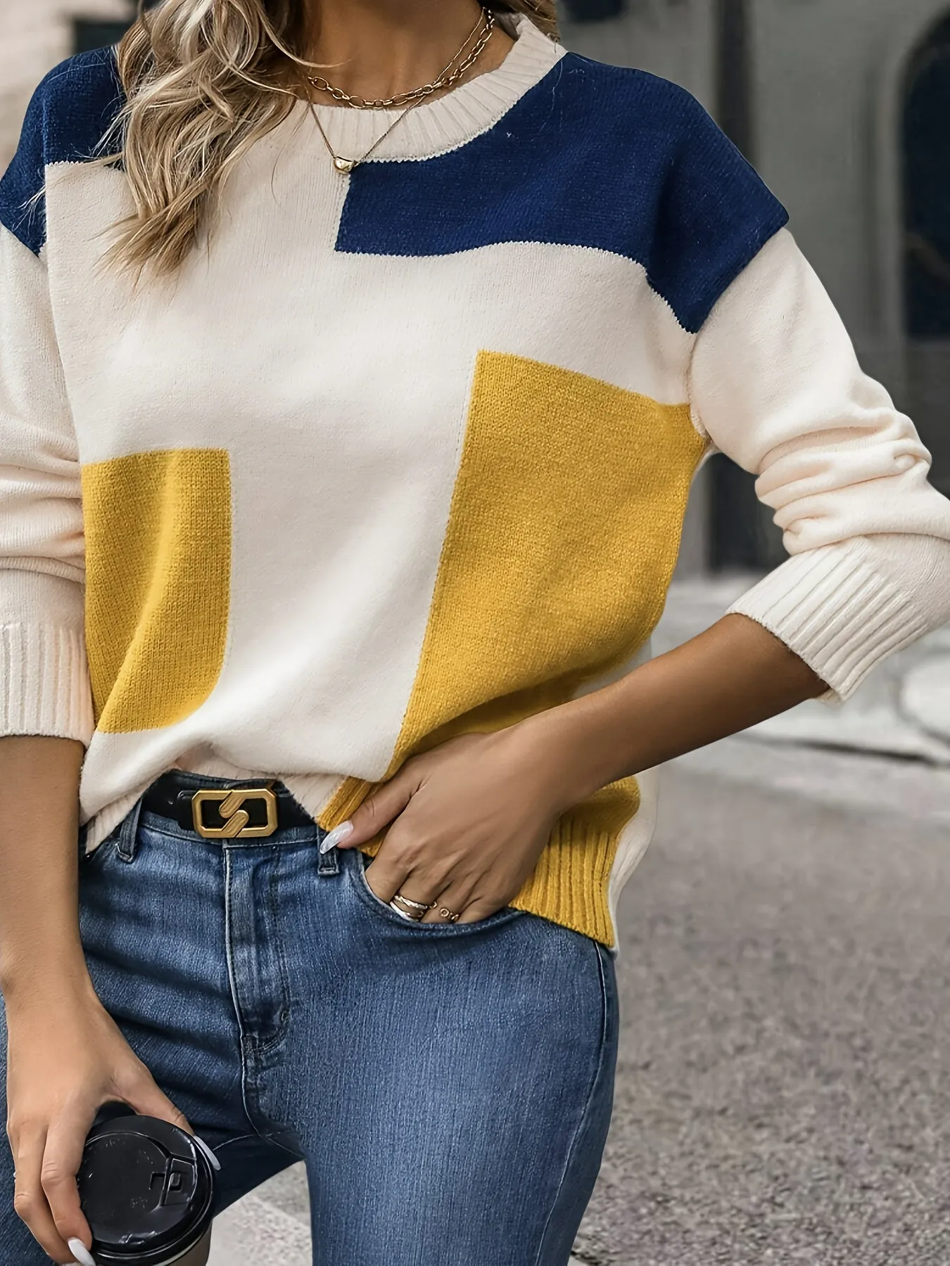 Stylish Color Block Crew Neck Pullover Sweater - Soft, Long Sleeve, Knitted, Casual, Fall & Spring Essential - Women's Clothing for Everyday Wear