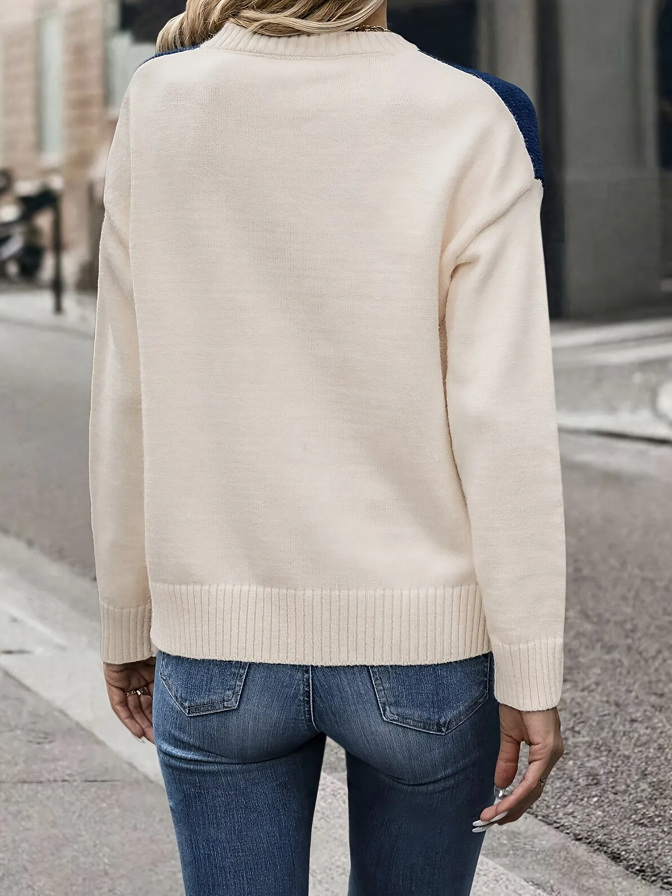 Stylish Color Block Crew Neck Pullover Sweater - Soft, Long Sleeve, Knitted, Casual, Fall & Spring Essential - Women's Clothing for Everyday Wear